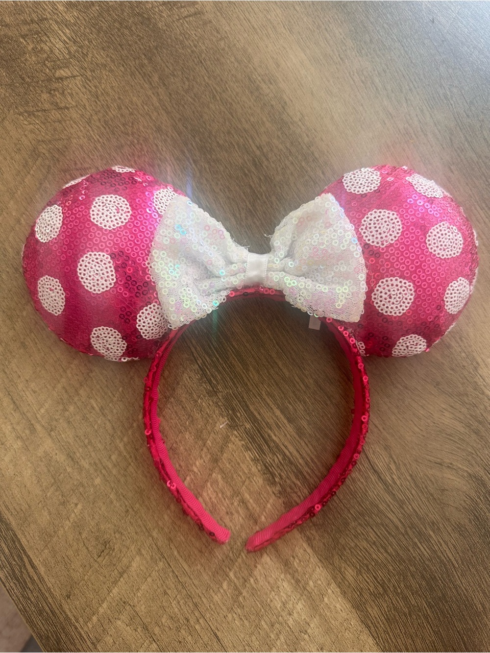 Disney Sequin Pink Polka Dot Mouse Ear Headband with White Bow